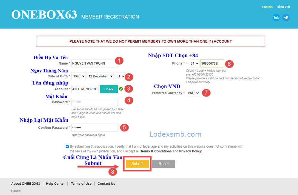 1Onebox63, HƯỚNG DẪN CÁCH ĐĂNG KÝ TÀI KHOẢN 1ONEBOX63